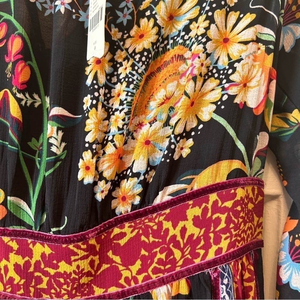 NEW Anthropologie Black Motif Boho Floral Velvet Trim Midi Dress Sz OUS Lined - Picture 3 of 14